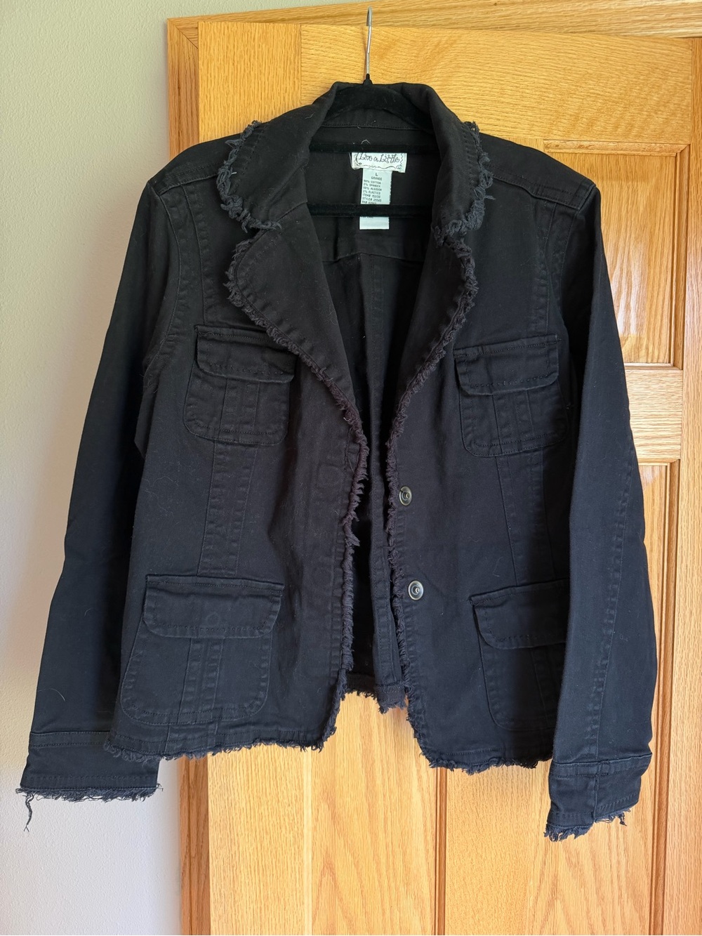 Live A Little Y2K Black Frayed Denim Utility Jacket Blazer Size Large Stretch